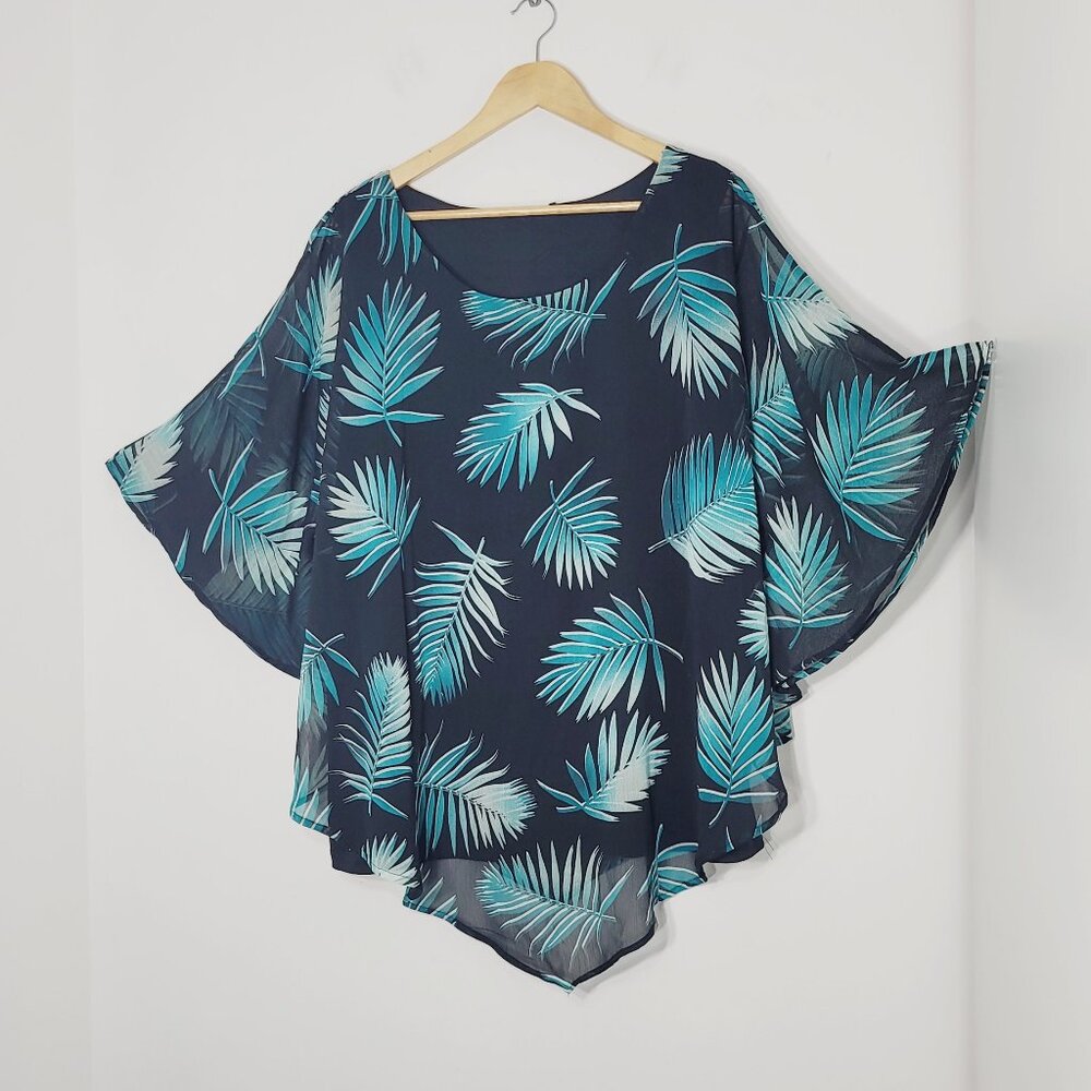 🛍Women's Black Teal Leaf Print Cap Sleeves Tank Top Underneath Blouse Plus Size